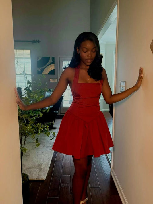 Minimalist Red A-Line Halter Satin Bodycon Mini Dress Homecoming Dress RS212