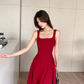 Red square neck suspender dress niche high-end a-line long dress certificate dress R1478