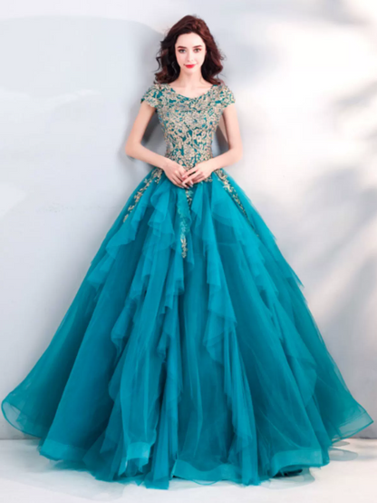 Chiffon Hazy Corset Prom Gown ,Stunning Peacock Blue Maxi Evening Dress RS1945