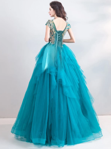Chiffon Hazy Corset Prom Gown ,Stunning Peacock Blue Maxi Evening Dress RS1945