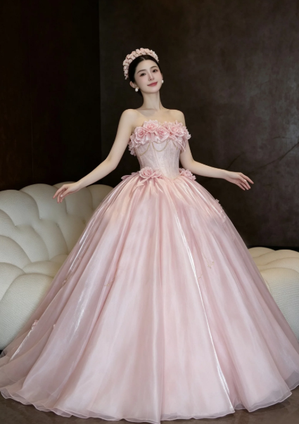 Tulle Puffy 3D Floral Corset Prom Gown ,Romantic Pink Maxi Evening Dress Birthday Dress RS1946