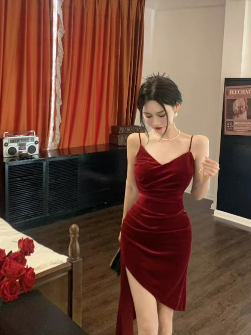 Velvet suspender dress sexy slit irregular inner skirt evening dress R1532