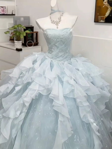 Tulle Glitter Pleated Corset Prom Gown ,Dreamy Pale Blue Maxi Birthday Dress Quinceanera Dress RS1965