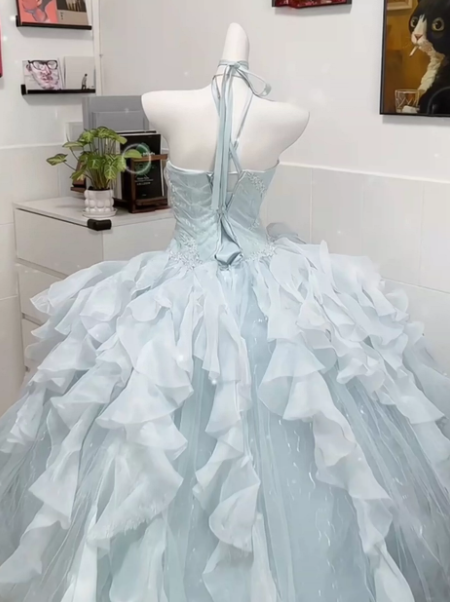 Tulle Glitter Pleated Corset Prom Gown ,Dreamy Pale Blue Maxi Birthday Dress Quinceanera Dress RS1965