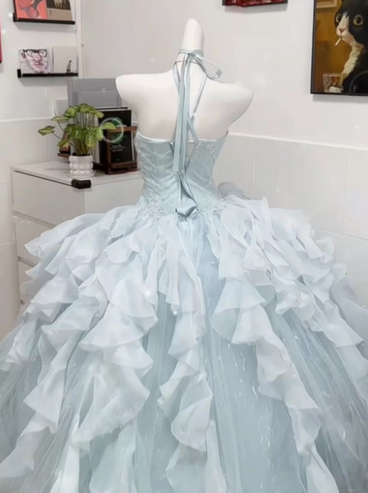 Tulle Glitter Pleated Corset Prom Gown ,Dreamy Pale Blue Maxi Birthday Dress Quinceanera Dress RS1965