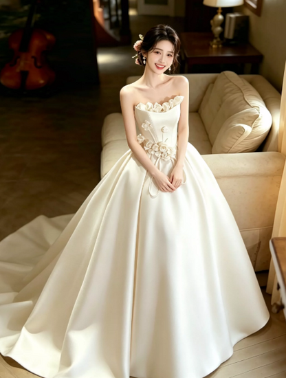 Puffy White A-Line Strapless Satin Silky Corset Maxi Wedding Dress RS1903
