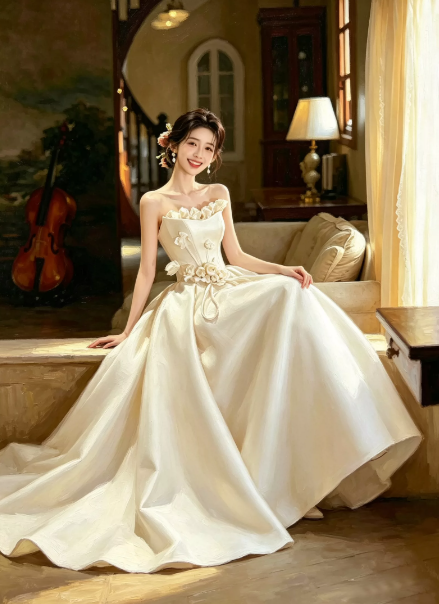 Puffy White A-Line Strapless Satin Silky Corset Maxi Wedding Dress RS1903