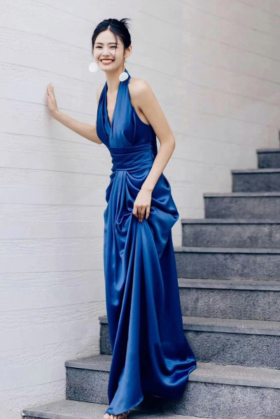 Halter Silky Satin Corset Prom Gown ,Elegant Navy Maxi Evening Dress Cocktail Dress RS1955