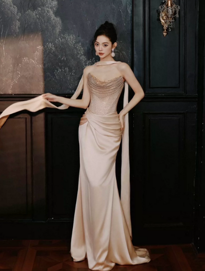 Silky Satin Glitter Corset Prom Gown ,Gentle Champagne Maxi Evening Dress RS1958