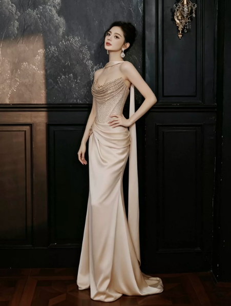 Silky Satin Glitter Corset Prom Gown ,Gentle Champagne Maxi Evening Dress RS1958