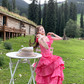 Pink long square collar white waist cake dress women's summer temperament skirt R4699