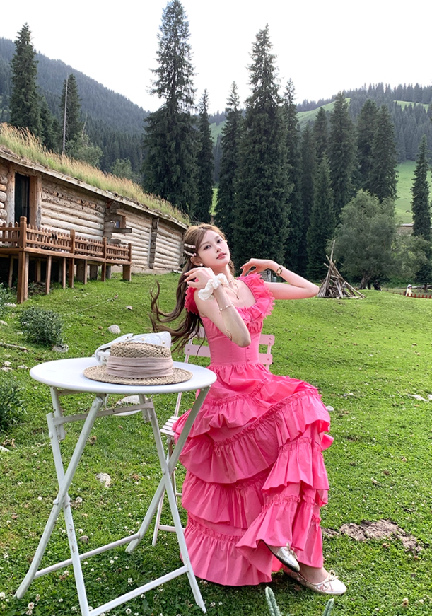 Pink long square collar white waist cake dress women's summer temperament skirt R4699