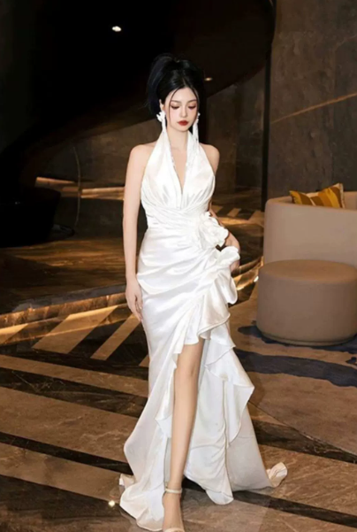 Halter Silky Satin Corset Prom Gown ,Elegant White Hi-Lo Evening Dress RS1961