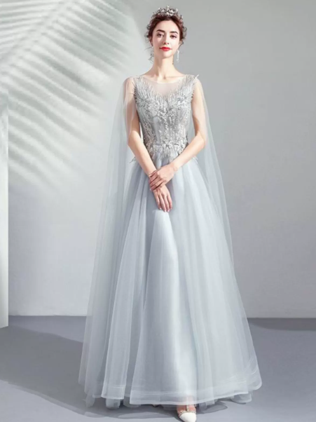 Hazy Ivory A-Line Portrait Tulle Embroidered Corset Maxi Wedding Dress RS1960