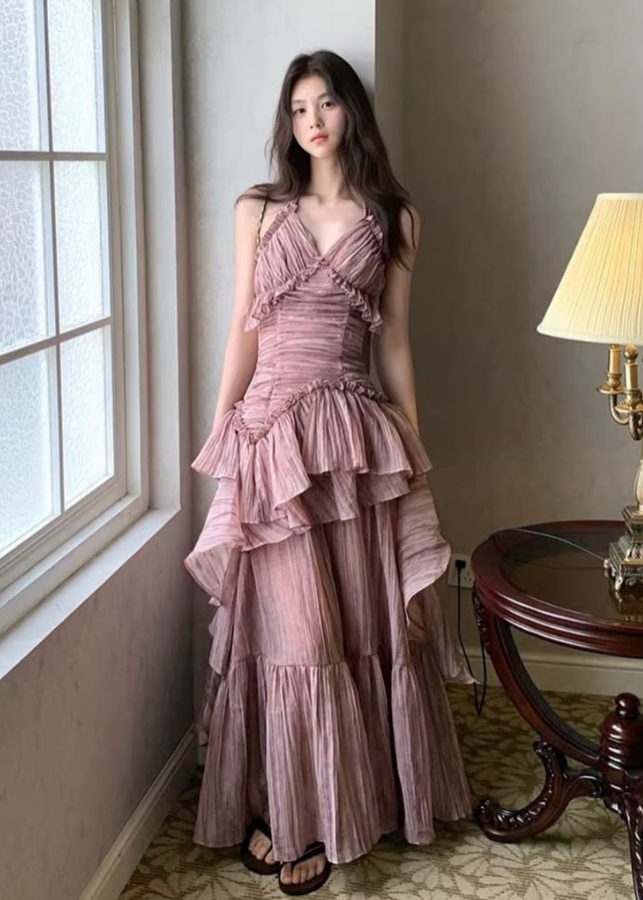 Chiffon Flowy Ruffled Corset Prom Gown ,Dreamy Dusty Pink Maxi Birthday Dress Party Dress RS1962