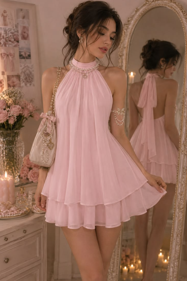 Flowy Chiffon Corset Homecoming Dress , Gentle Pink Mini Summer Dress RS1968