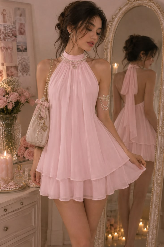 Flowy Chiffon Corset Homecoming Dress , Gentle Pink Mini Summer Dress RS1968
