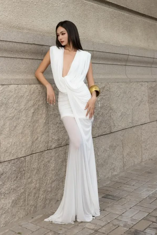 Flowy Chiffon Bodycon Prom Gown ,Minimalist White Maxi Queen Evening Dress RS1978