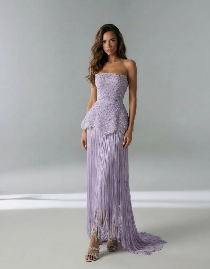 Flowy Tassel Decor Corset Prom Gown ,Dreamy Lavender Maxi Evening Dress RS1982