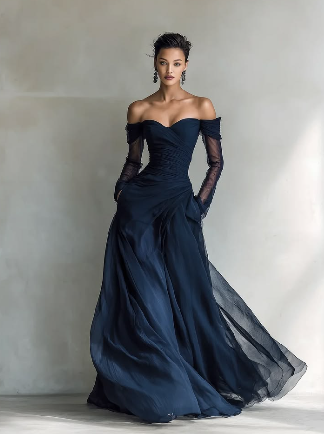Flowy Chiffon Corset Prom Gown ,Elegant Navy Maxi Evening Dress RS1983