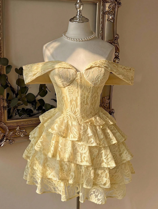 Embroidered Ruffled Corset Homecoming Dress , Vibrant Yellow Short Prom Dress RS1970