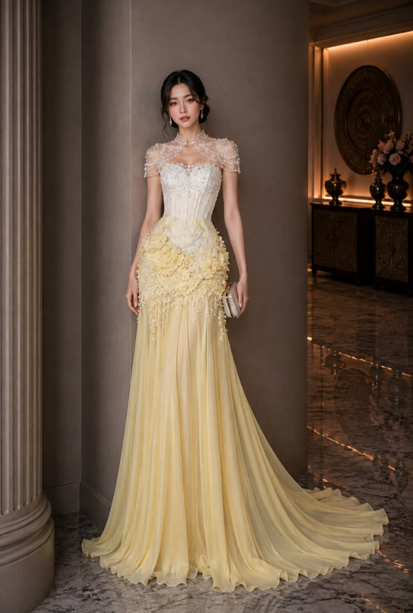 Chiffon Applique Bodycon Prom Gown ,Gentle Pastel Yellow Maxi Evening Dress RS1992