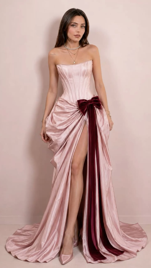 Silky Satin High-slit Bodycon Prom Gown ,Gentle Pink Maxi Princess Evening Dress Birthday Dress RS1993