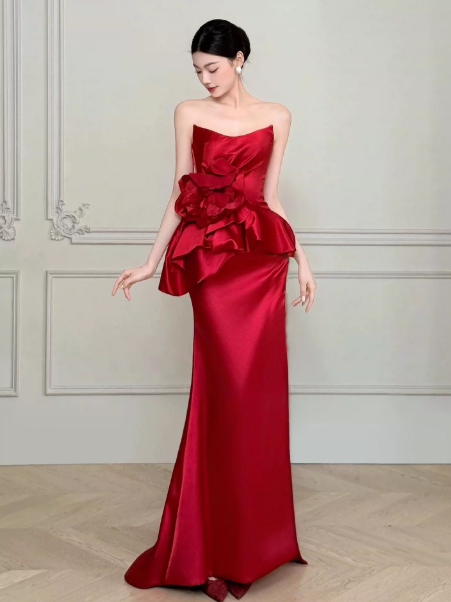 Silky Satin Pleated Bodycon Prom Gown ,Elegant Red Maxi Evening Dress RS1994