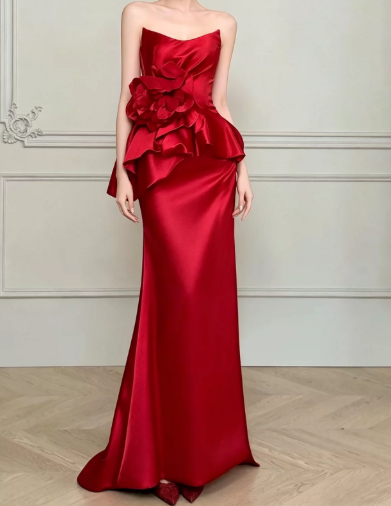 Silky Satin Pleated Bodycon Prom Gown ,Elegant Red Maxi Evening Dress RS1994