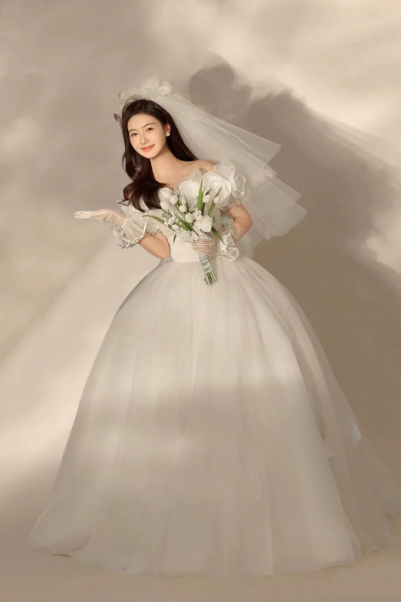 Hazy White A-Line Bateau Tulle Puffy Corset Maxi Wedding Dress RS2009