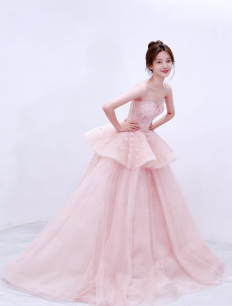Tulle Glitter Applique Corset Prom Gown ,Dreamy Blush Pink Maxi Evening Dress Birthday Dress RS1995