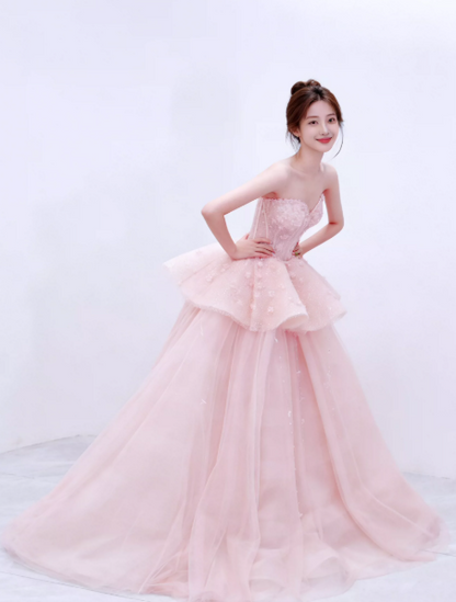 Tulle Glitter Applique Corset Prom Gown ,Dreamy Blush Pink Maxi Evening Dress Birthday Dress RS1995