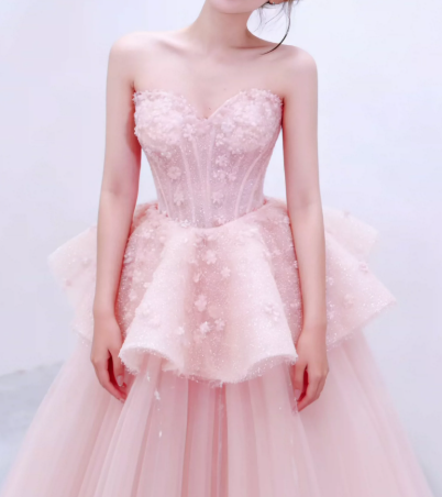Tulle Glitter Applique Corset Prom Gown ,Dreamy Blush Pink Maxi Evening Dress Birthday Dress RS1995