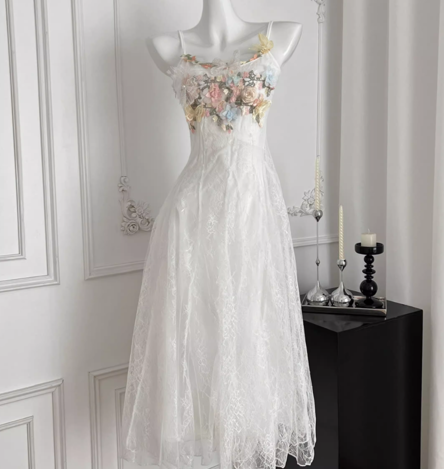 French seaside suspender dress white beautiful lace fishtail dress long skirt R2019