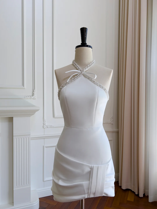 White Pearl Halter Neck Waist Slim Fit Satin Sexy Short Skirt Homecoming Dress R5051