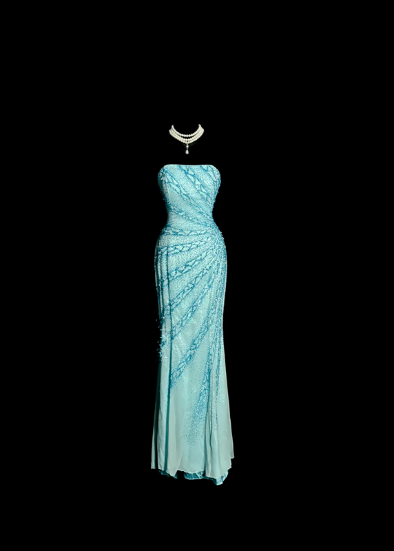 Light blue strapless beaded fitted long ball gown R6662