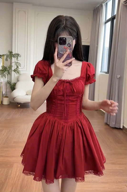 Puff Sleeves Cute Women's Homecoming Dress Red Corset Short Prom Dress Birthday Dress RS2808