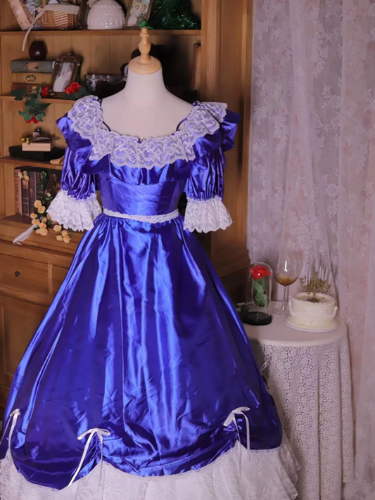 Blue square-neck floor-length ball gown with a cinched waist and slim fit; bridal gown R7294