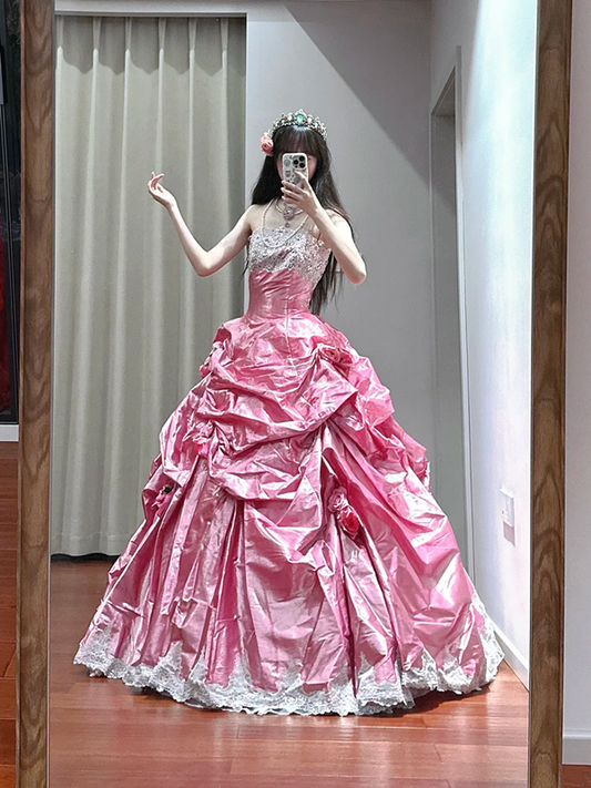Pink strapless fitted waist slim-fitting ball gown/bridal dress R8625