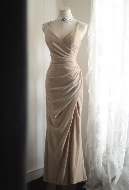 Champagne-colored halter-neck, fitted waist, and pleated sexy ball gown R6821