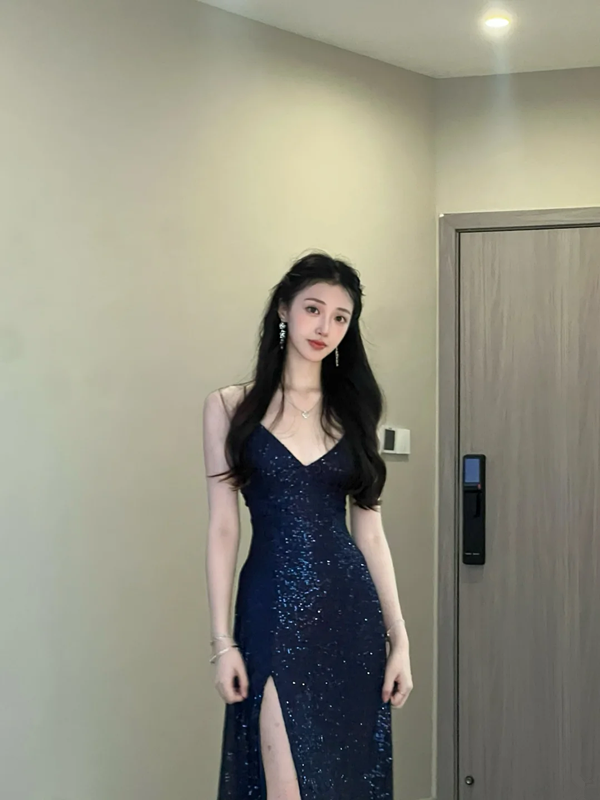 Navy blue suspender waist slim fit sexy sequined slit long skirt prom dress R6103
