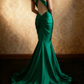 Green satin halter-neck, cinched waist, backless, sexy bodycon long ball gown R6742