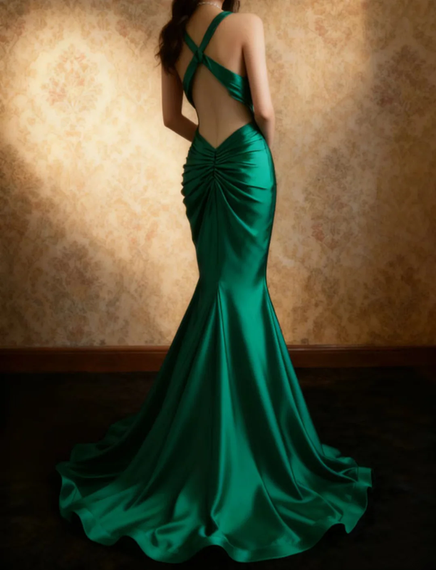 Green satin halter-neck, cinched waist, backless, sexy bodycon long ball gown R6742