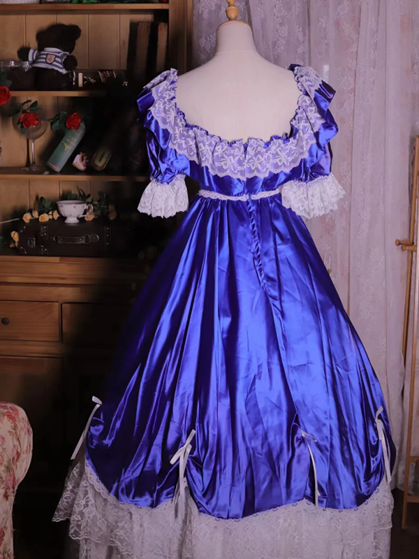 Blue square-neck floor-length ball gown with a cinched waist and slim fit; bridal gown R7294