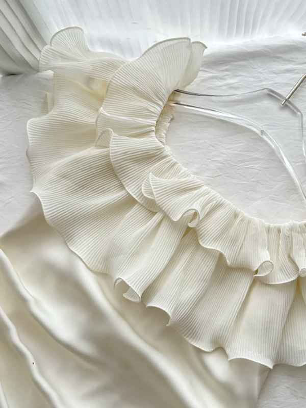 White off-the-shoulder ruffled maxi dress, fitted waist, ball gown R6223