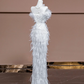 White strapless, fitted, sexy long ball gown with feather design; bridal gown R8320