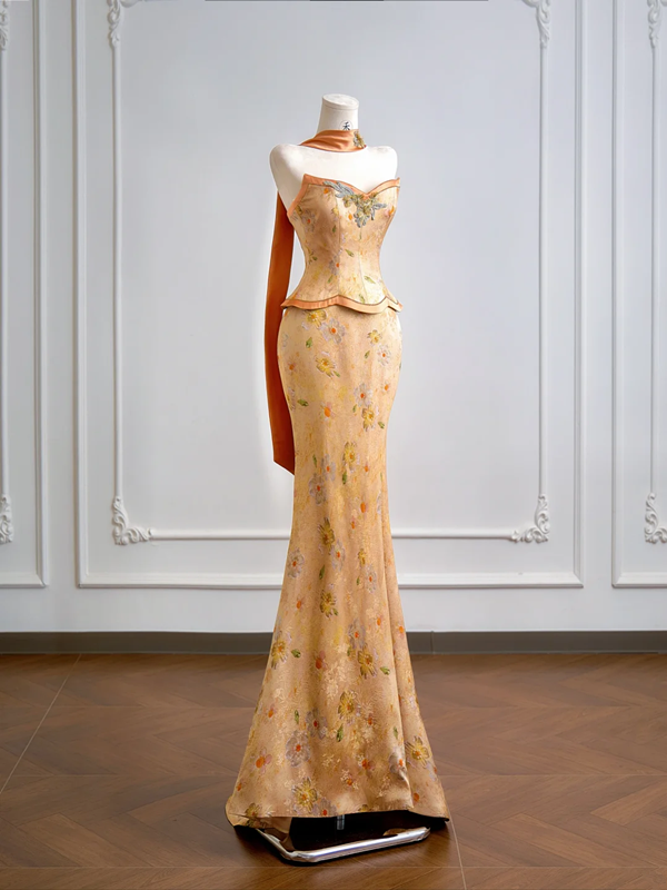 Gold strapless fitted top and hip-hugging sexy skirt set, long ball gown R8155