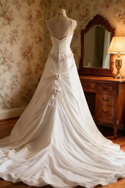 White strapless fitted waist long embroidered ball gown R6702