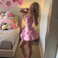 Pink Floral Spaghetti‑Strap Ruched Waist Bodycon Mini Homecoming Dress R5452