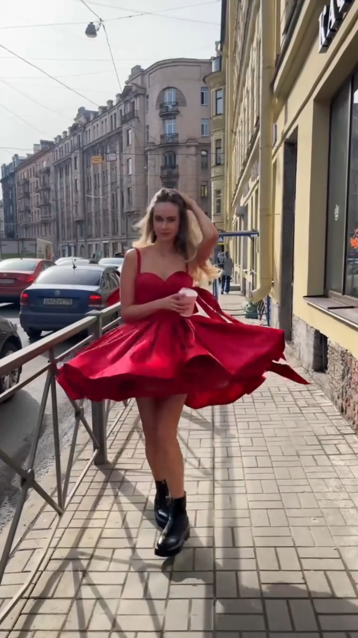 Red suspender waist puffy princess skirt homecoming dress R5591